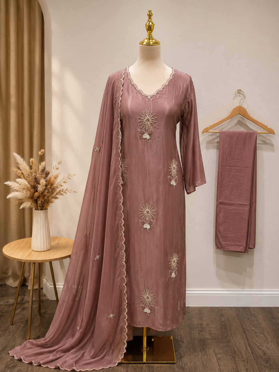 Mauve Satin Silk Floral Embroidered 3 piece Suit