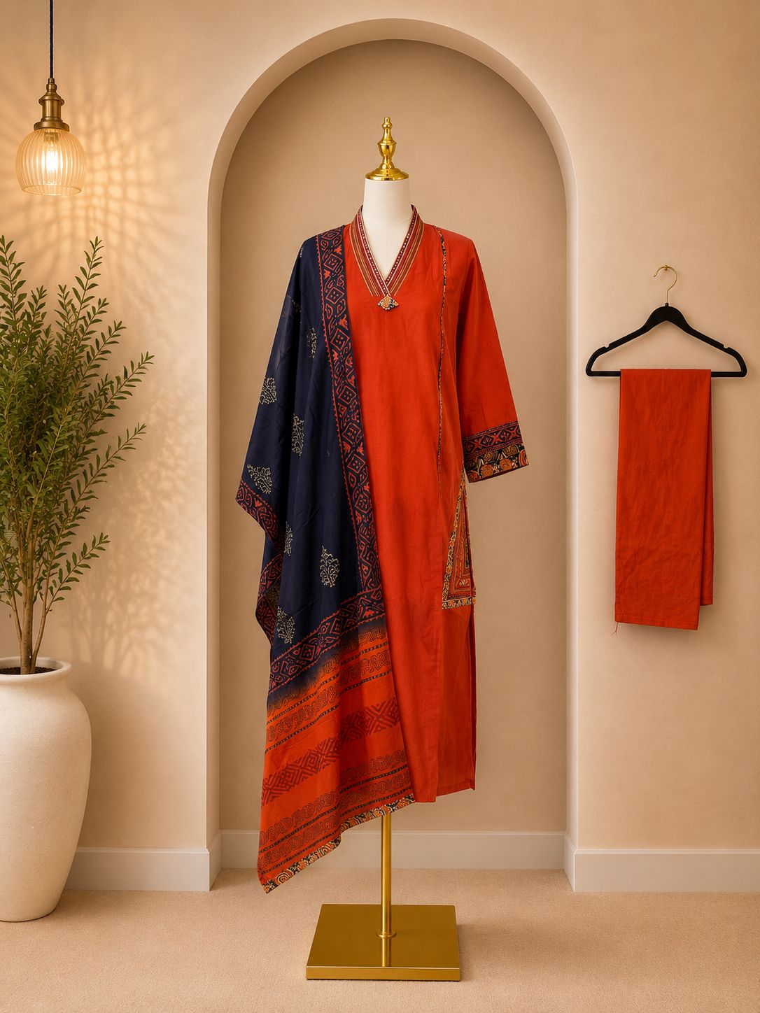 Dark Orange and Navy 3 piece kurta set with printed Dupatta