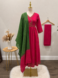 ✨ Rani Pink and Green Mul cotton Festive Anarkali Set ✨( size up- see size chart Below )