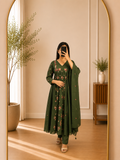 Deep Forest Green Floral Thread Embroidered Mul Cotton Anarkali Suit Set