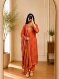 Rust Orange Butter Crepe Ikat Print Gold Embroidered Suit Set with Printed Dupatta