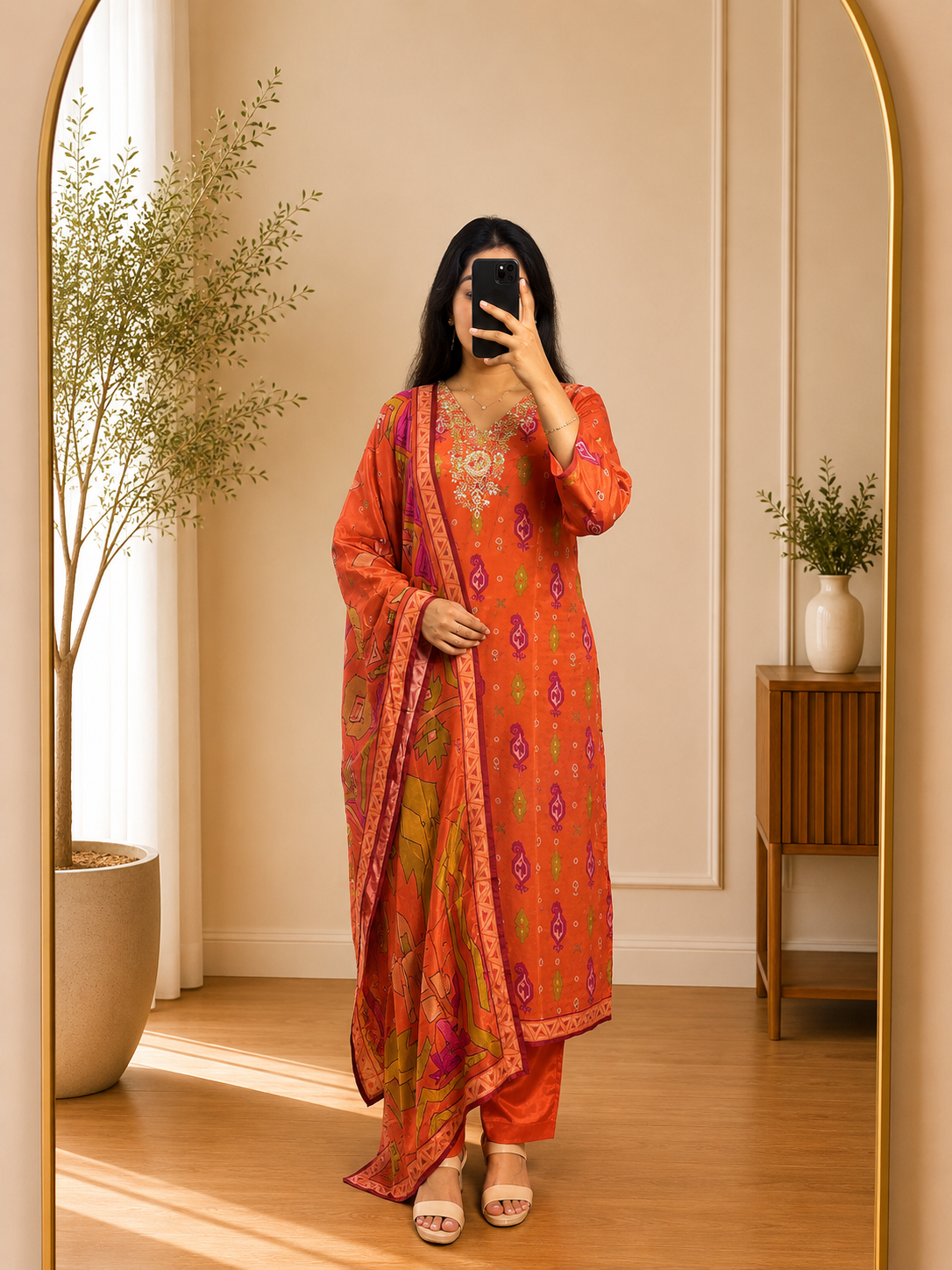 Rust Orange Butter Crepe Ikat Print Gold Embroidered Suit Set with Printed Dupatta