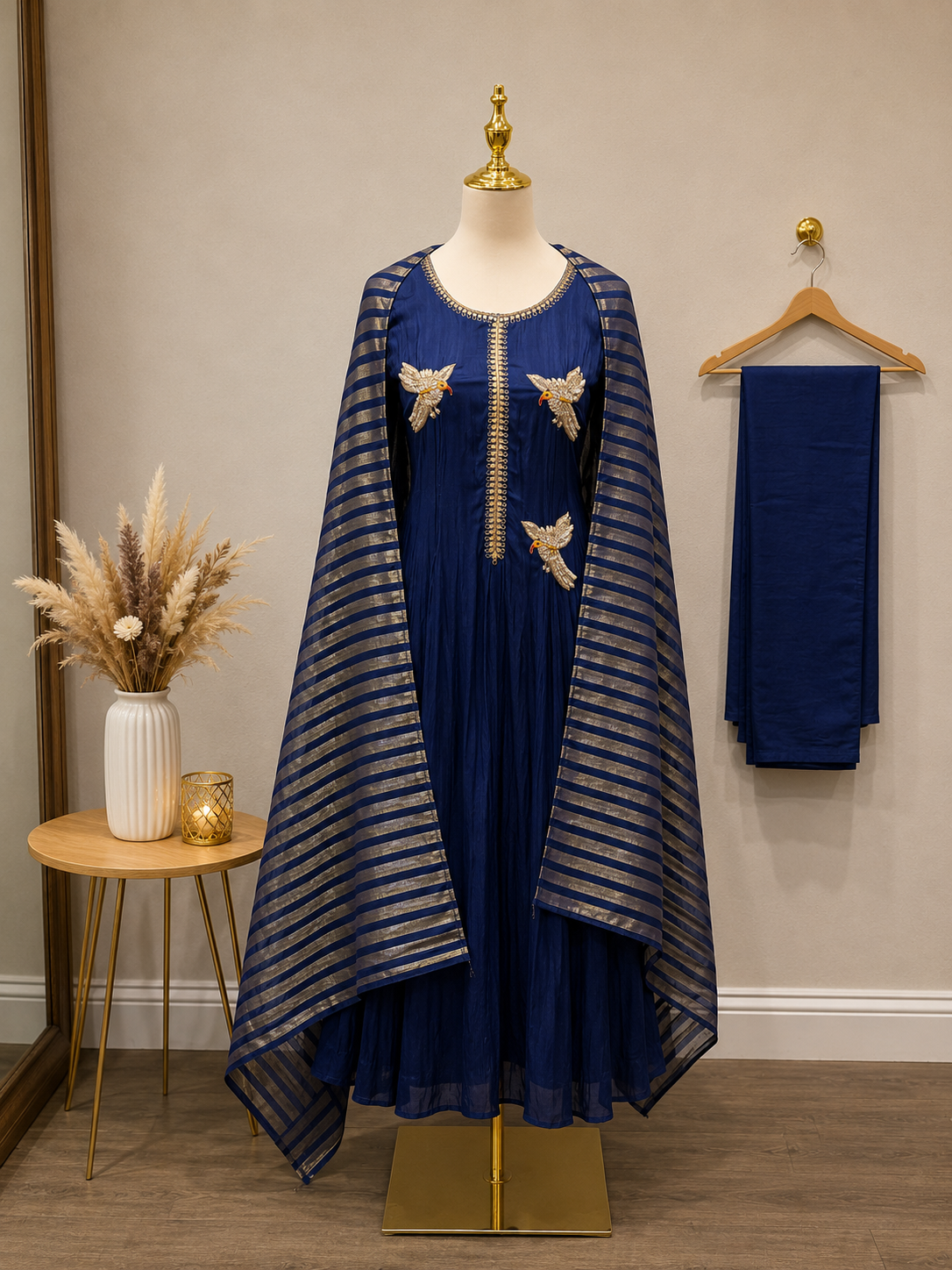 Navy Blue Russian silk with Bird Zardosi work 3 piece Suit