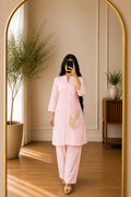 Baby Pink Leaf Embroidered Mul Chanderi Co-Ord  Set