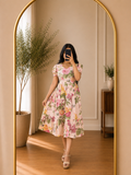 Soft Peach Floral Print Rayon Puff Sleeve Midi Dress