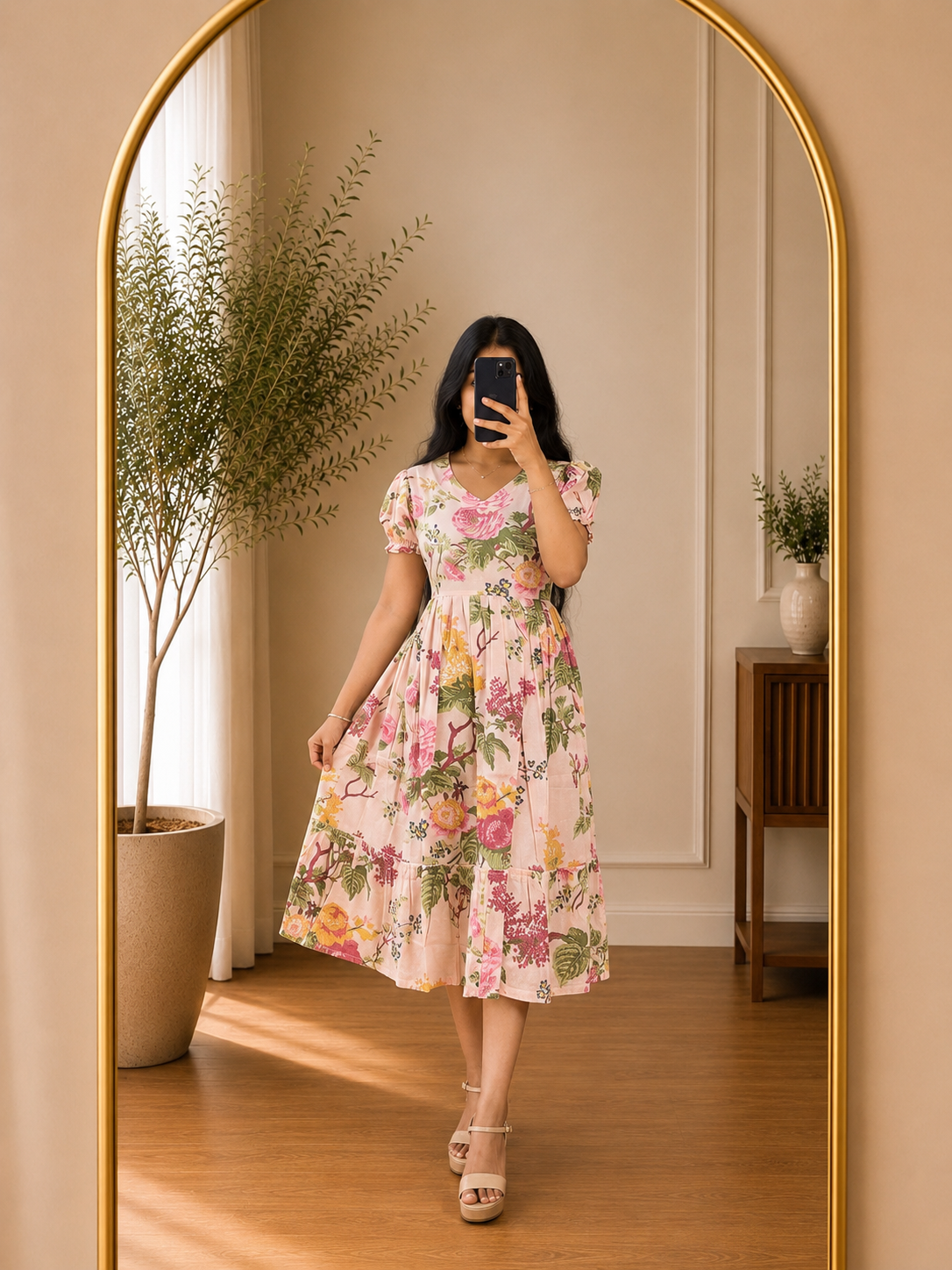 Soft Peach Floral Print Rayon Puff Sleeve Midi Dress