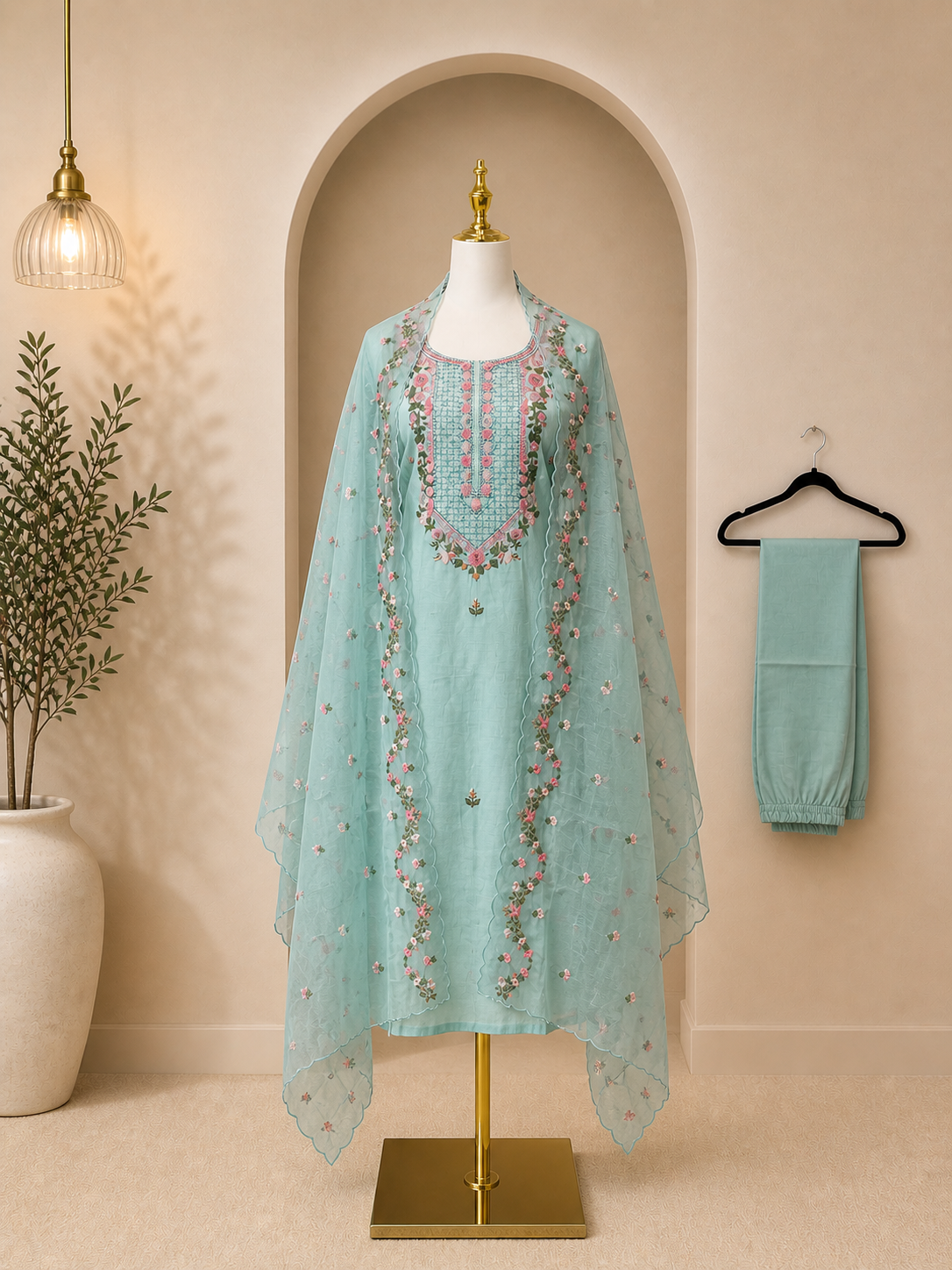 Light blue Roman silk 3 piece suit with organza Dupatga