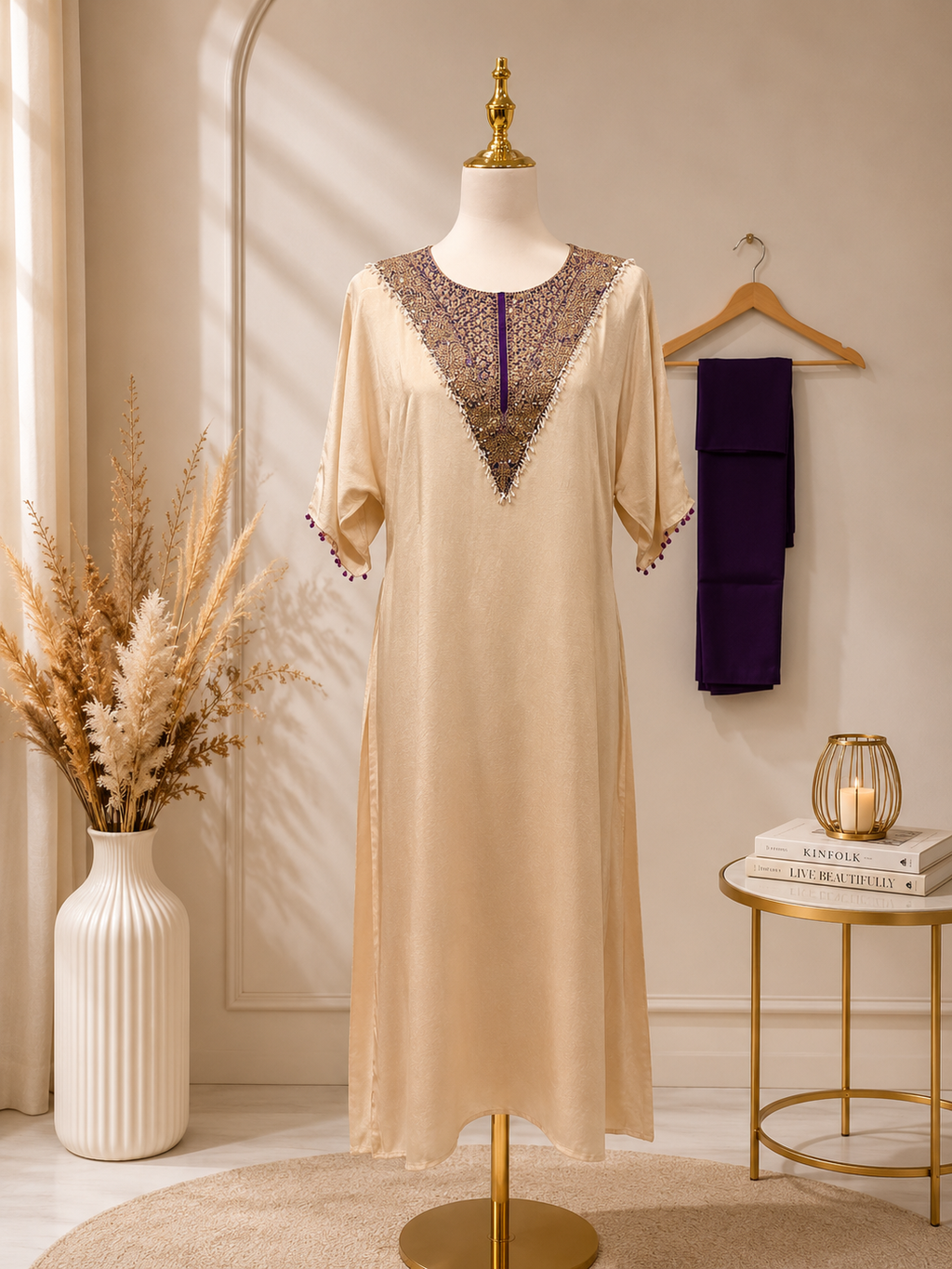 Royal Ivory with purple Kaftan with pearls (Loose fit style — size down for a more fitted look or choose your regular size for a comfortable loose fit)