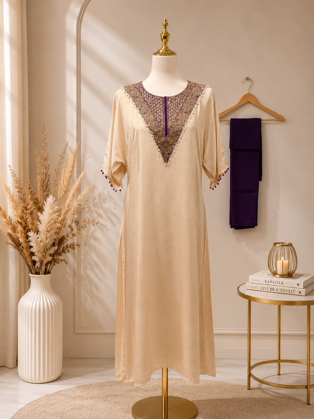 Royal Ivory with purple Kaftan with pearls (Loose fit style — size down for a more fitted look or choose your regular size for a comfortable loose fit)
