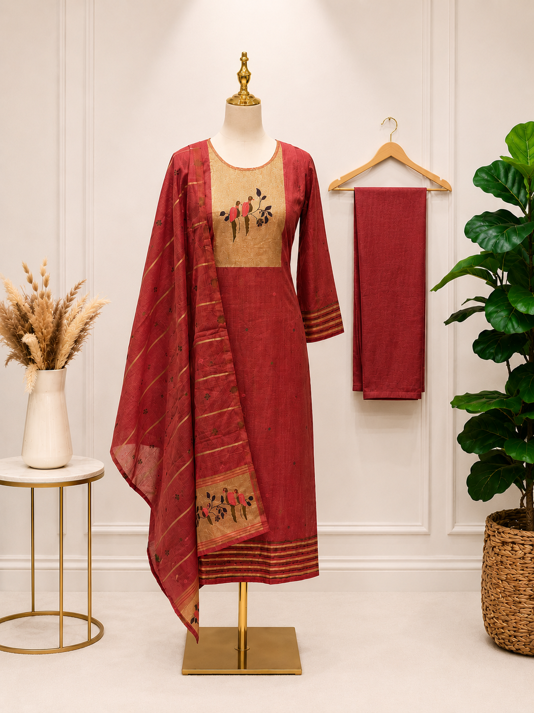Rustic Rose Jamdani with Pathan style border Straight Suit Set with Dupatta