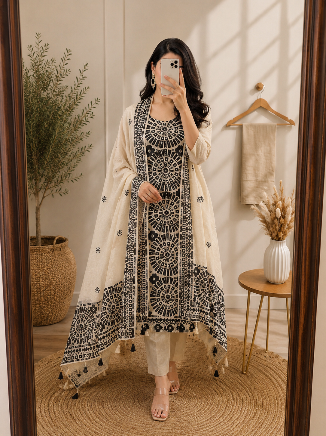 Monochrome Mandala Print Cotton Kurta Set with Dupatta