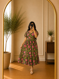 Olive Green Floral Print Rayon Puff Sleeve Midi Dress