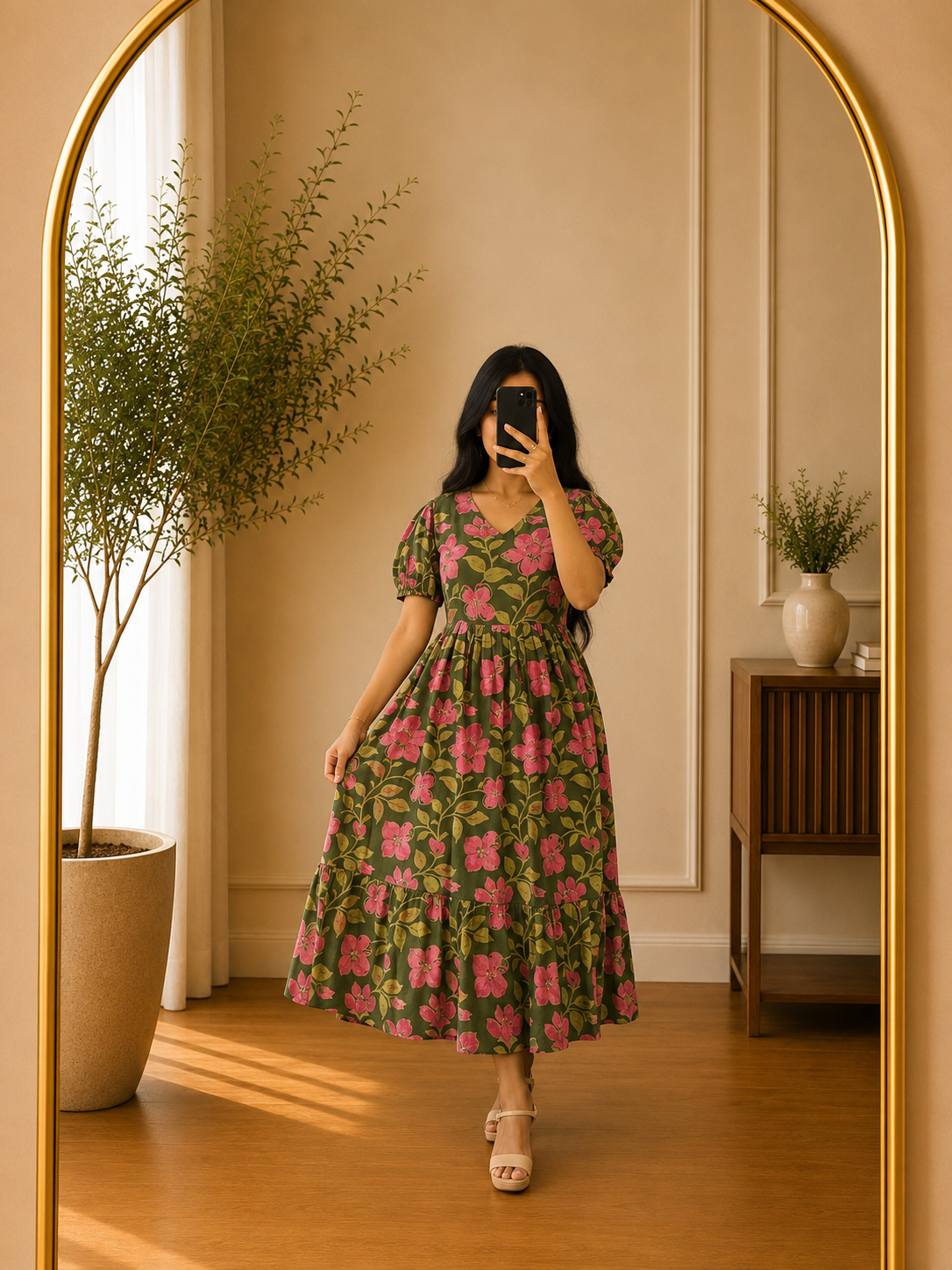 Olive Green Floral Print Rayon Puff Sleeve Midi Dress