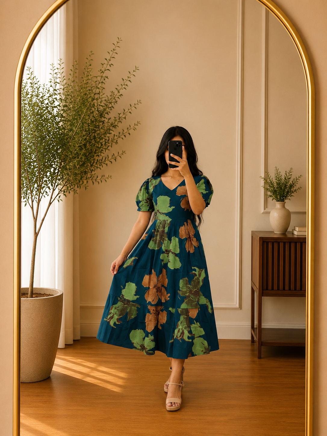Teal Blue Floral Print Rayon Puff Sleeve Midi Dress