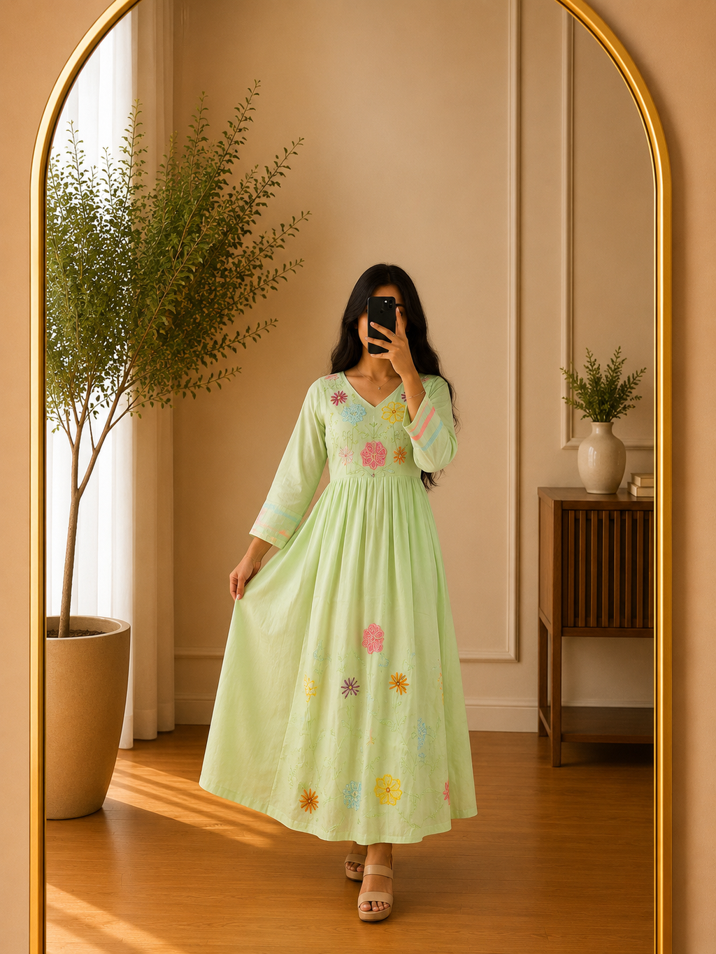 Mint Green Floral Embroidered Chinnon Flared Frock