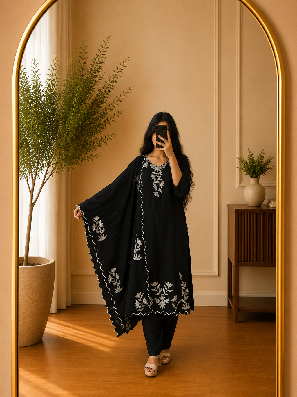 Classic Black Mul Chandheri Floral Thread Embroidered Straight Suit Set