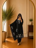 Classic Black Mul Chandheri Floral Thread Embroidered Straight Suit Set