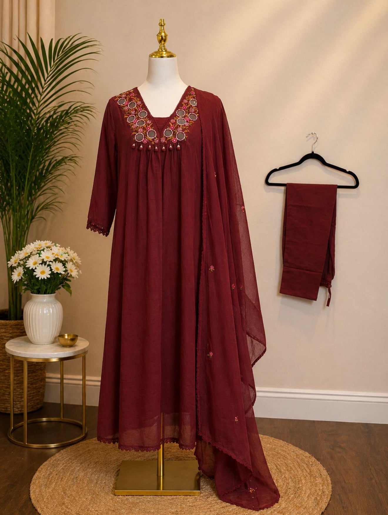 Maroon Mul cotton 3 piece suit