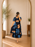 Navy Blue Floral Print Rayon Puff Sleeve Midi Dress