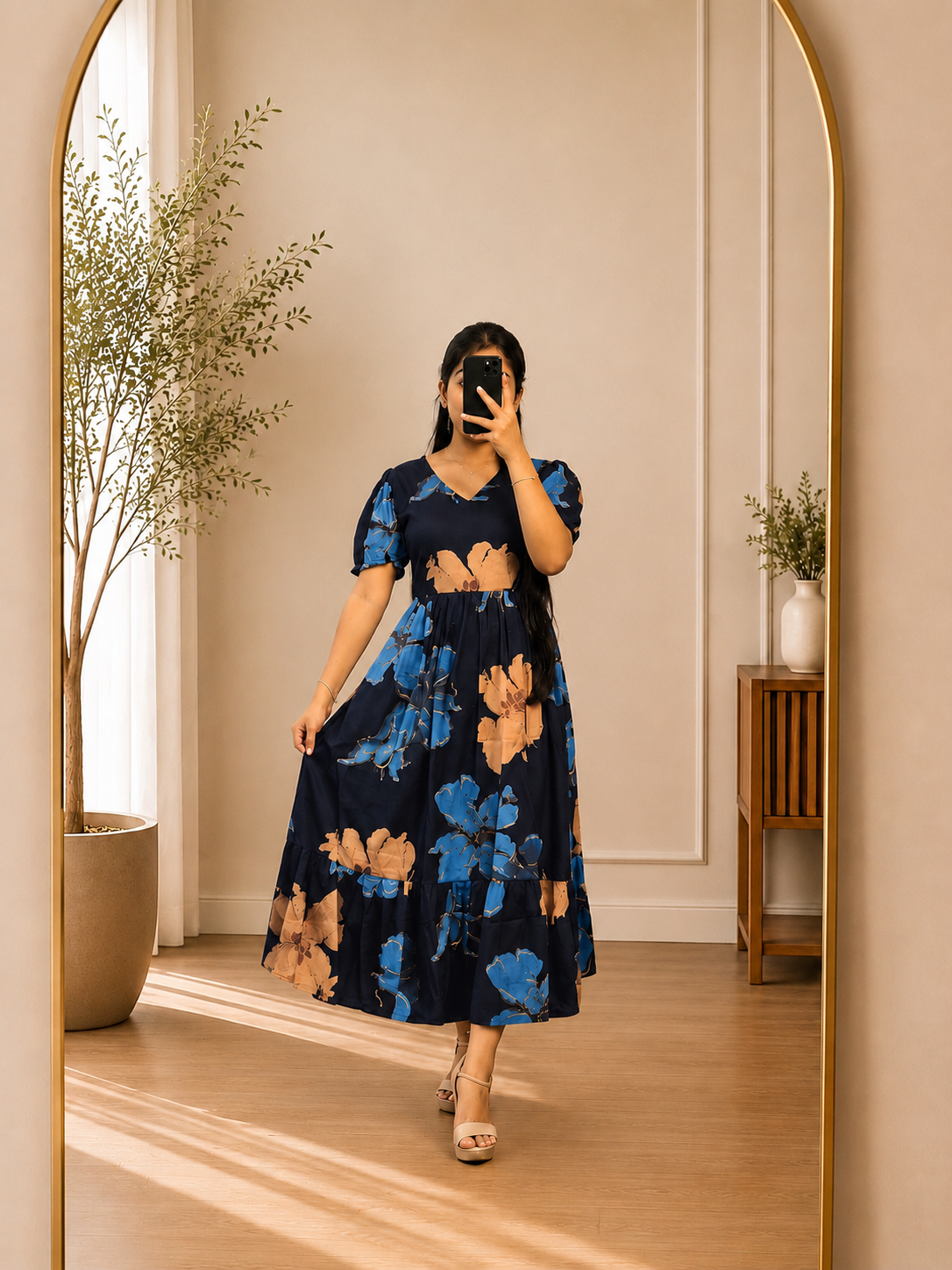 Navy Blue Floral Print Rayon Puff Sleeve Midi Dress