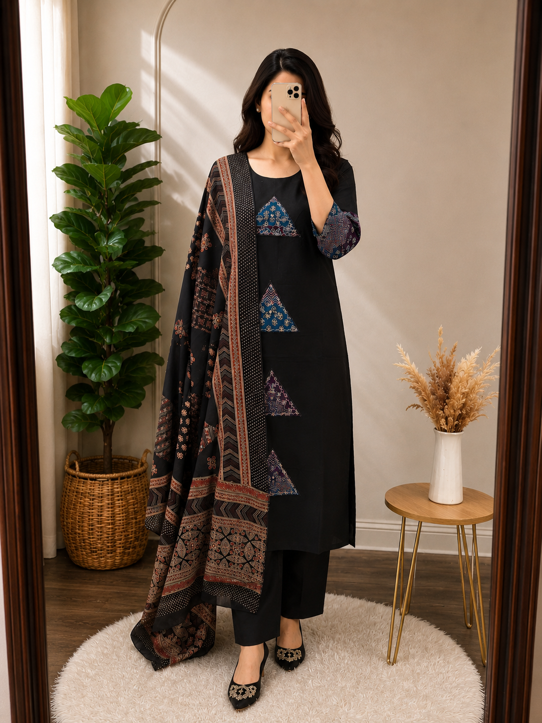 Black Heritage Print Straight Kurta Set with Ajrakh-Inspired Dupatta
