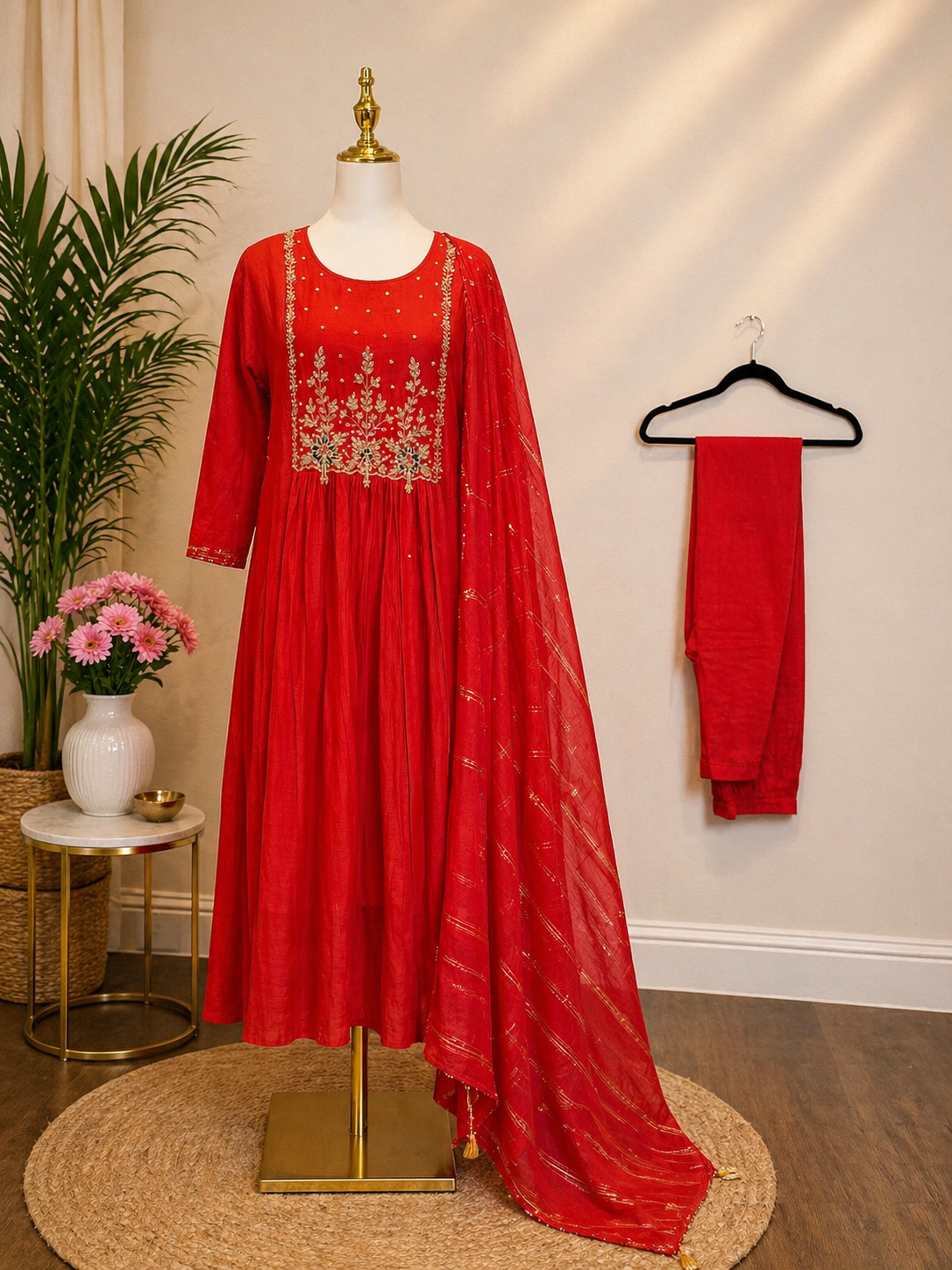 Red Chudidar with Rectangle Design