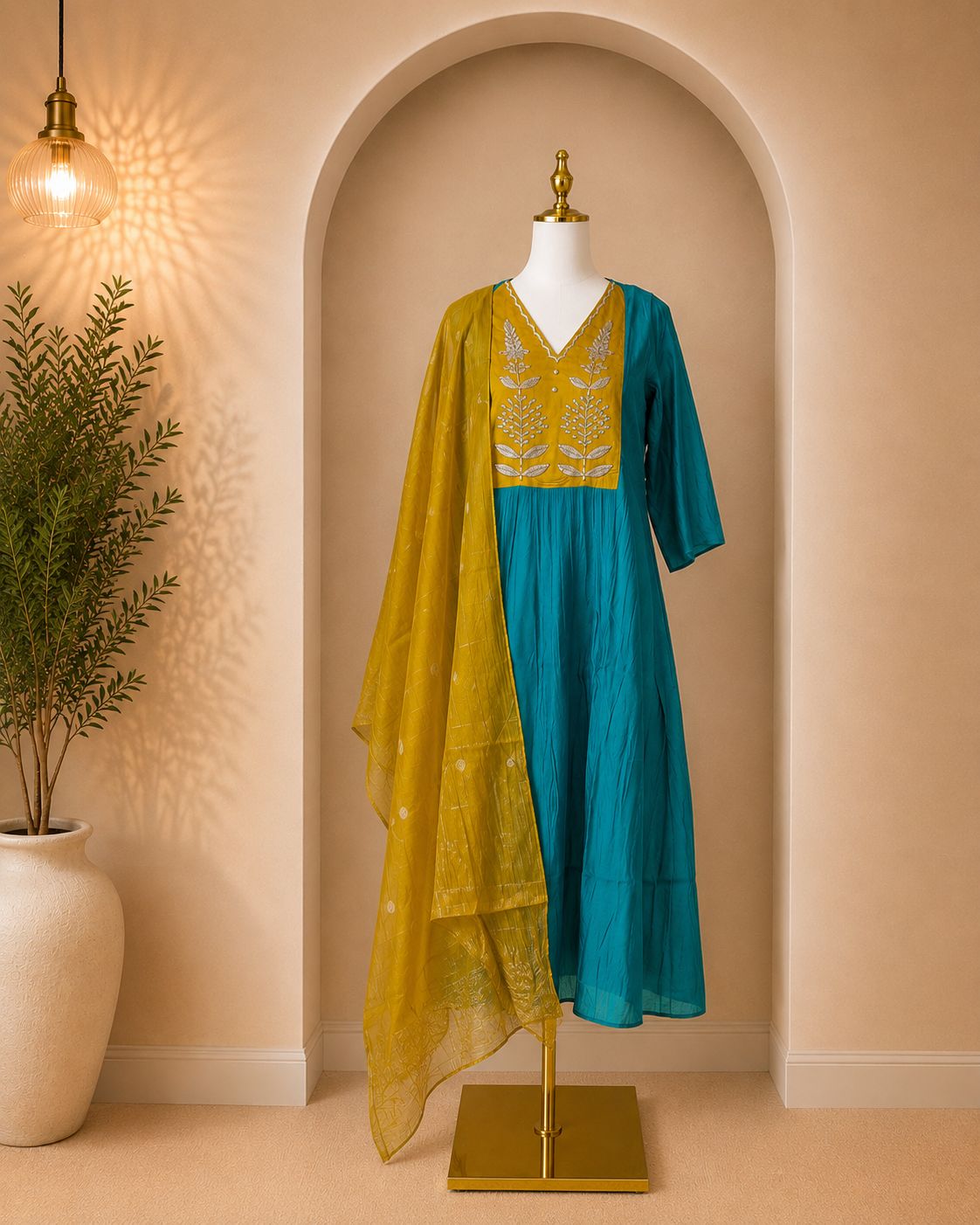 Yellow and Blue Chanderi 3 piece suit