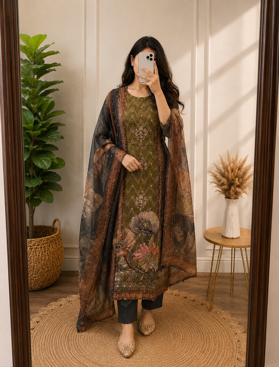 Olive Meadow Printed Cotton Kurta Set with Floral Dupatta 🌿✨