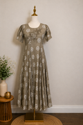 Taupe Cotton Blend Floral Embroidered Frock