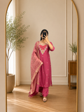 Rani Pink Mul Chanderi Zari Embroidered Kurta Set with Woven Dupatta
