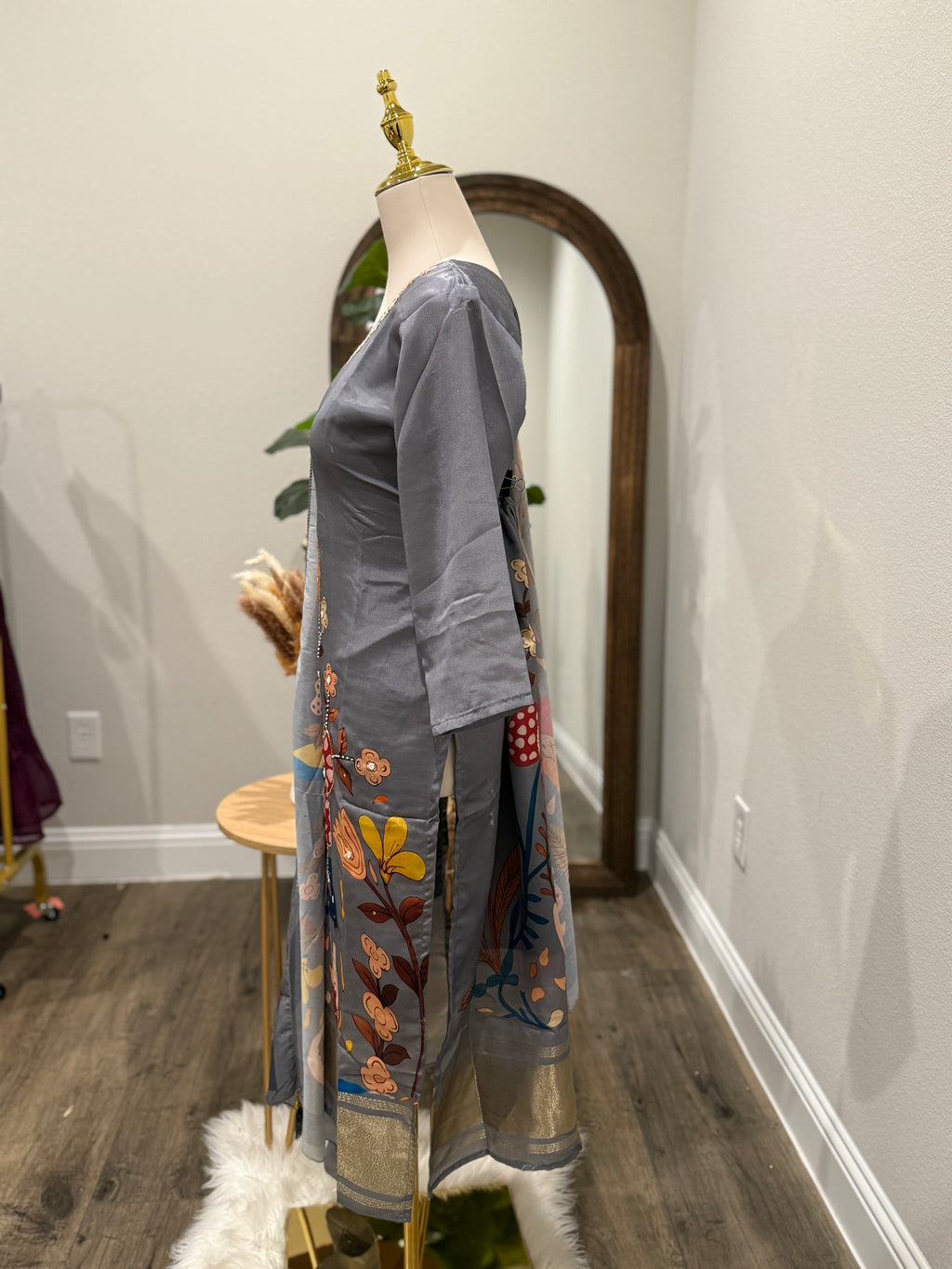 Grey 3 piece silk suit with crepe Dupatta