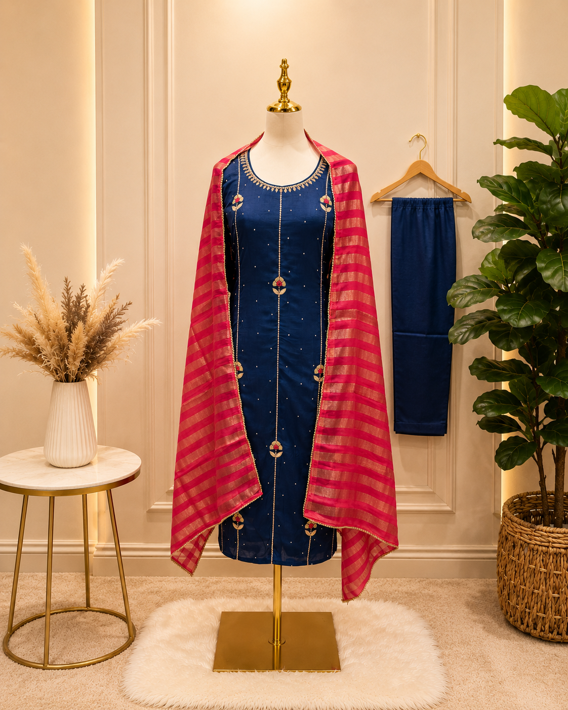 Royal Blue Chanderi with Zardozi Work Festive 3-Piece Kurta Set
