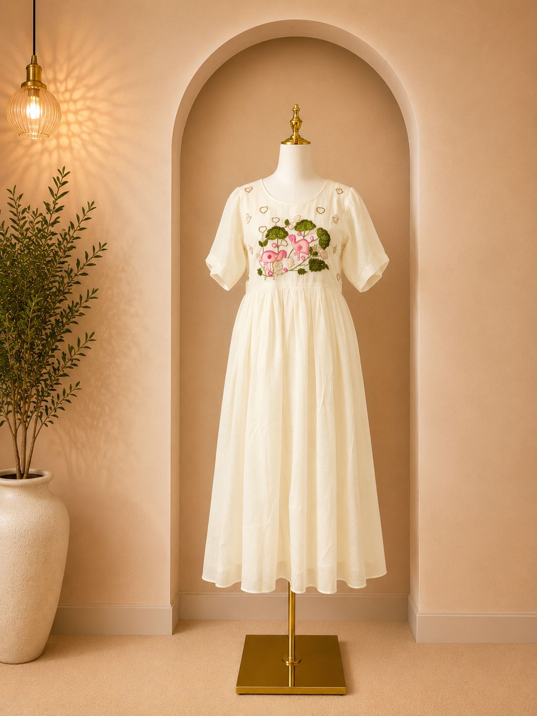 White kota look frock with white flamingo embroidery