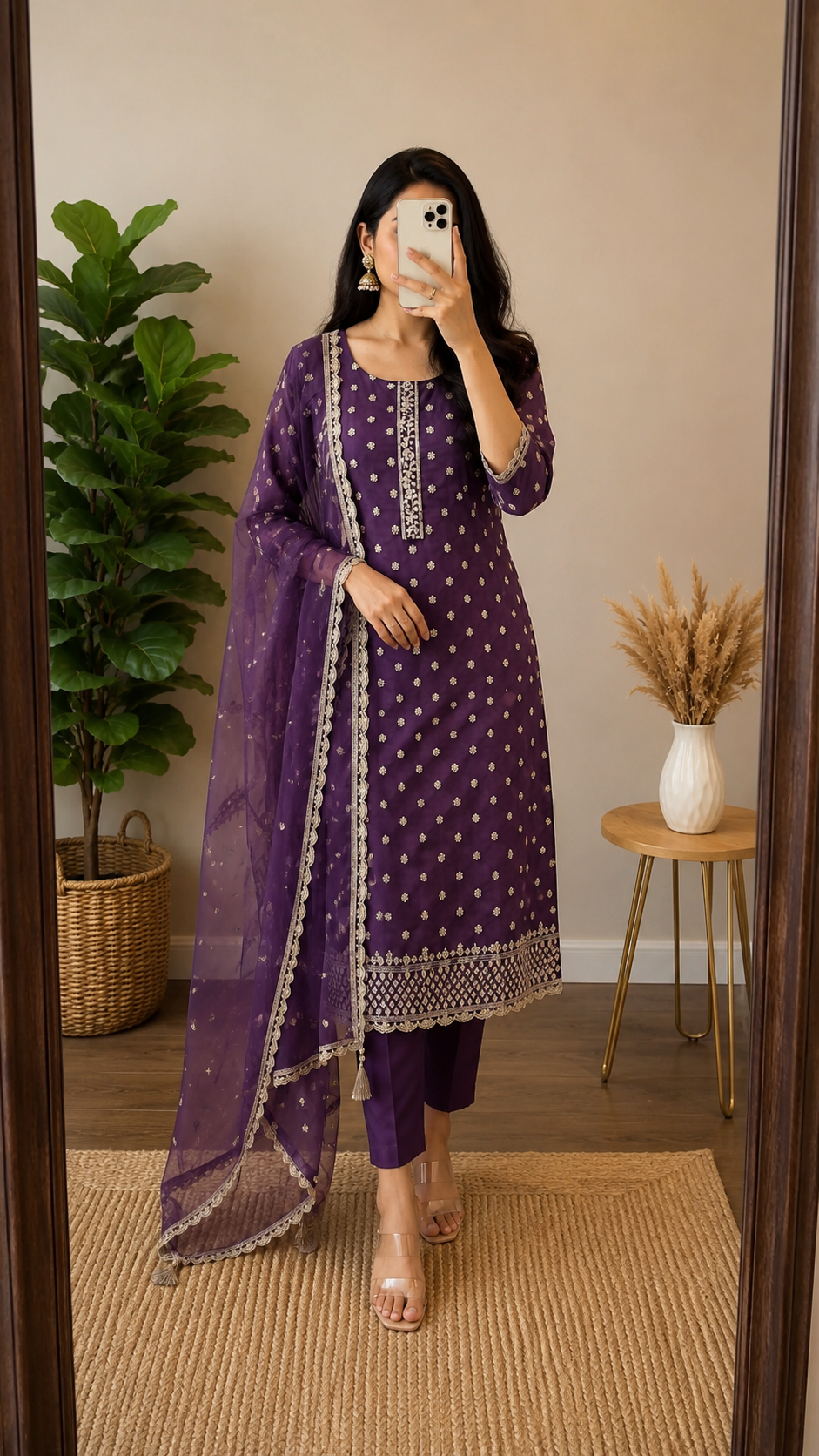 Royal Purple Embroidered Organza Suit Set with Dupatta 💜✨