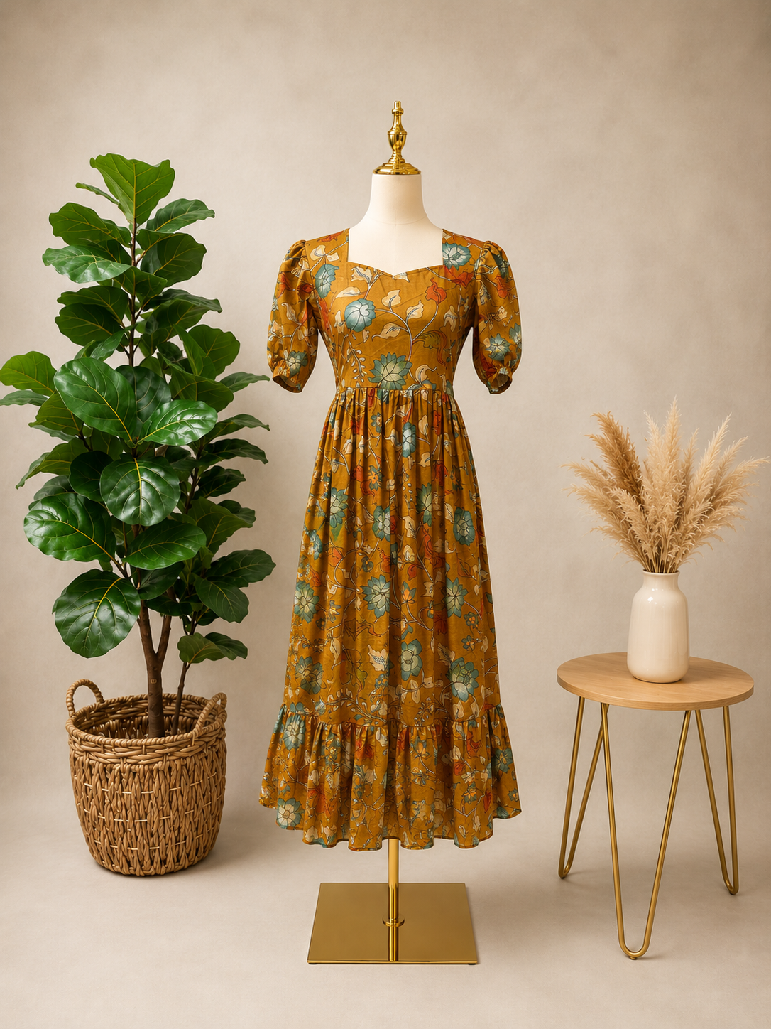 Mustard Bloom Floral Midi Dress with Puff Sleeves ✨🌼
