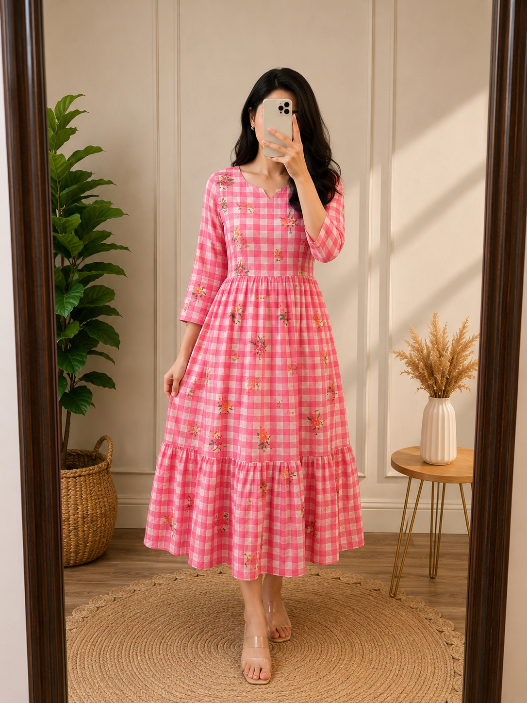 Blush Pink Gingham Floral Midi Dress 🌸✨