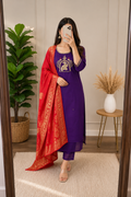 Regal Violet Ethnic Suit Set with Red Banarasi Dupatta