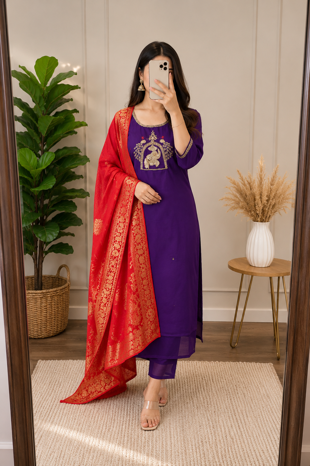 Regal Violet Ethnic Suit Set with Red Banarasi Dupatta