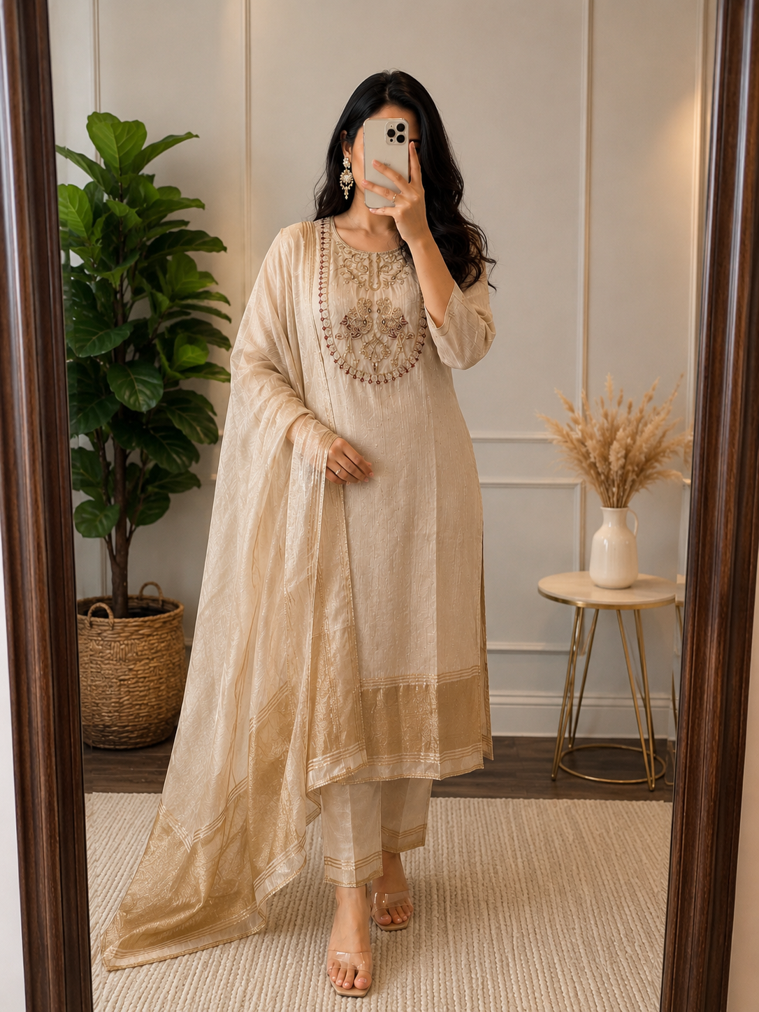 Elegant Ivory Chanderi Embroidered Suit Set with Zari Border Dupatta ✨