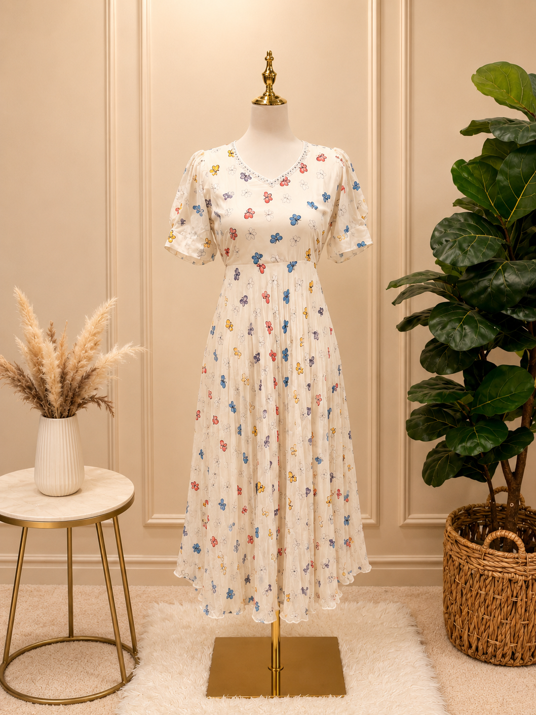 Elegant ivory georgette frock with colorful floral print