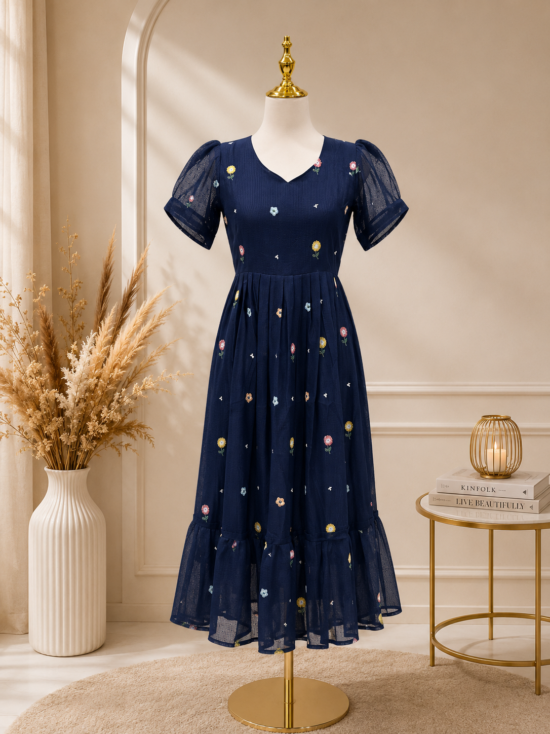 Ink Blue kota Frick with floral thread embroidery