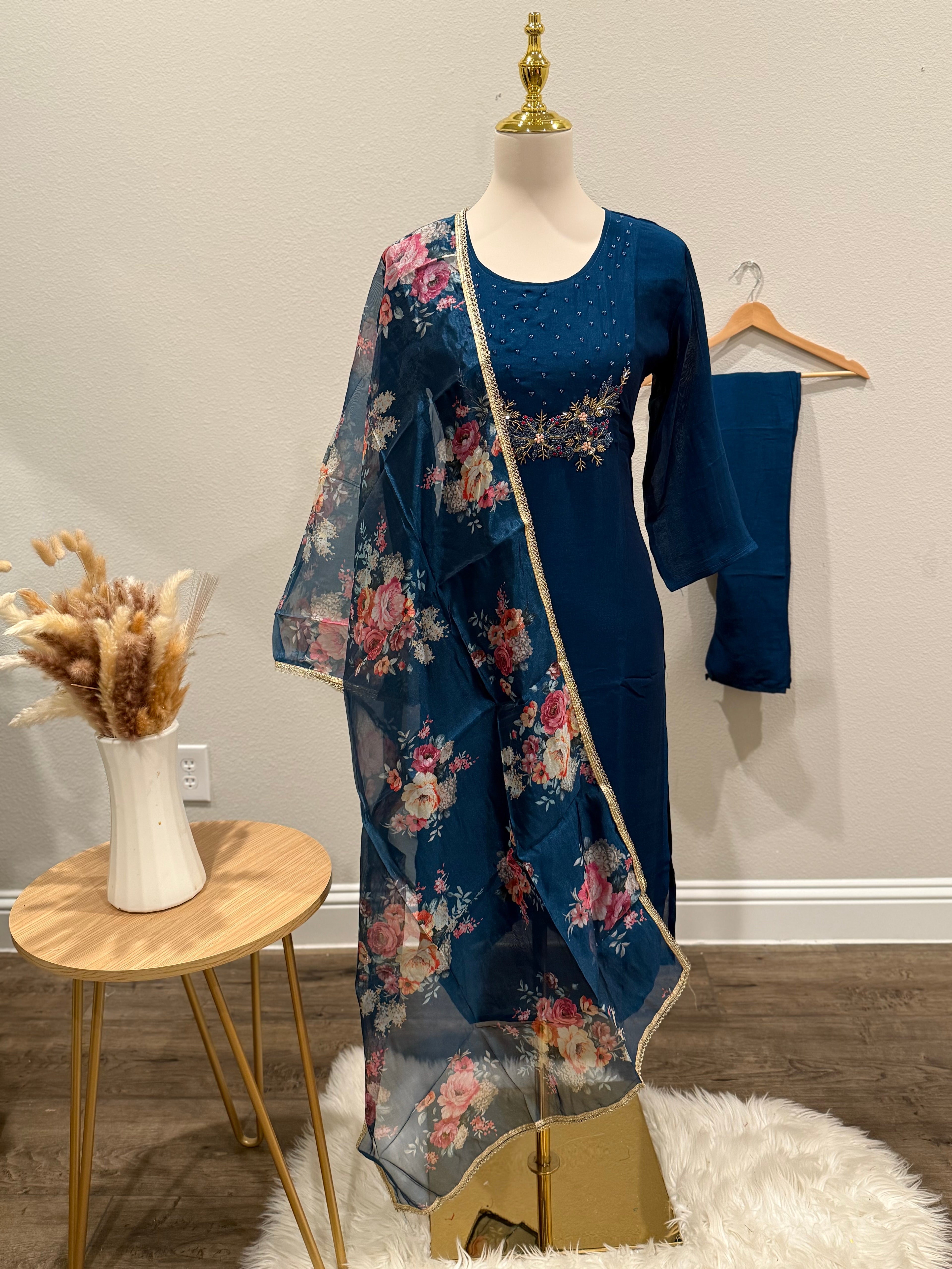 Blue Georgette 3 piece suit with rich organza Dupatta
