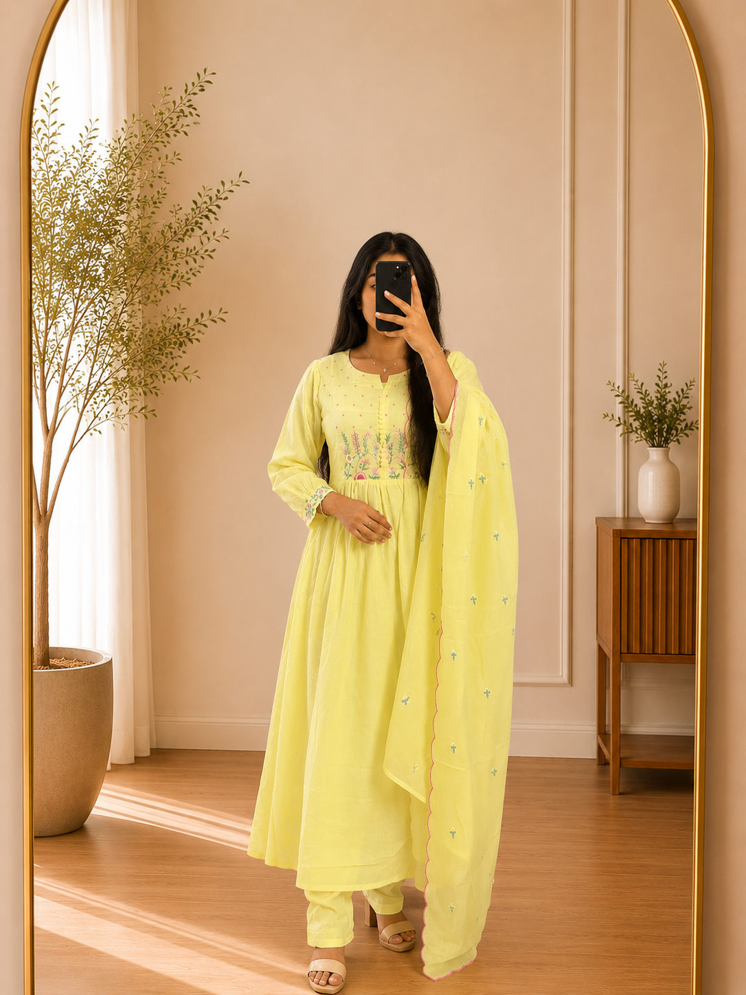 Pastel Lemon Yellow Mul Cotton Floral Embroidered Anarkali Suit Set