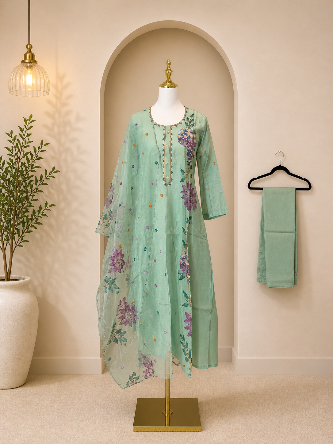 Light Green 3 piece suit with thread embroidery and organza Dupatta
