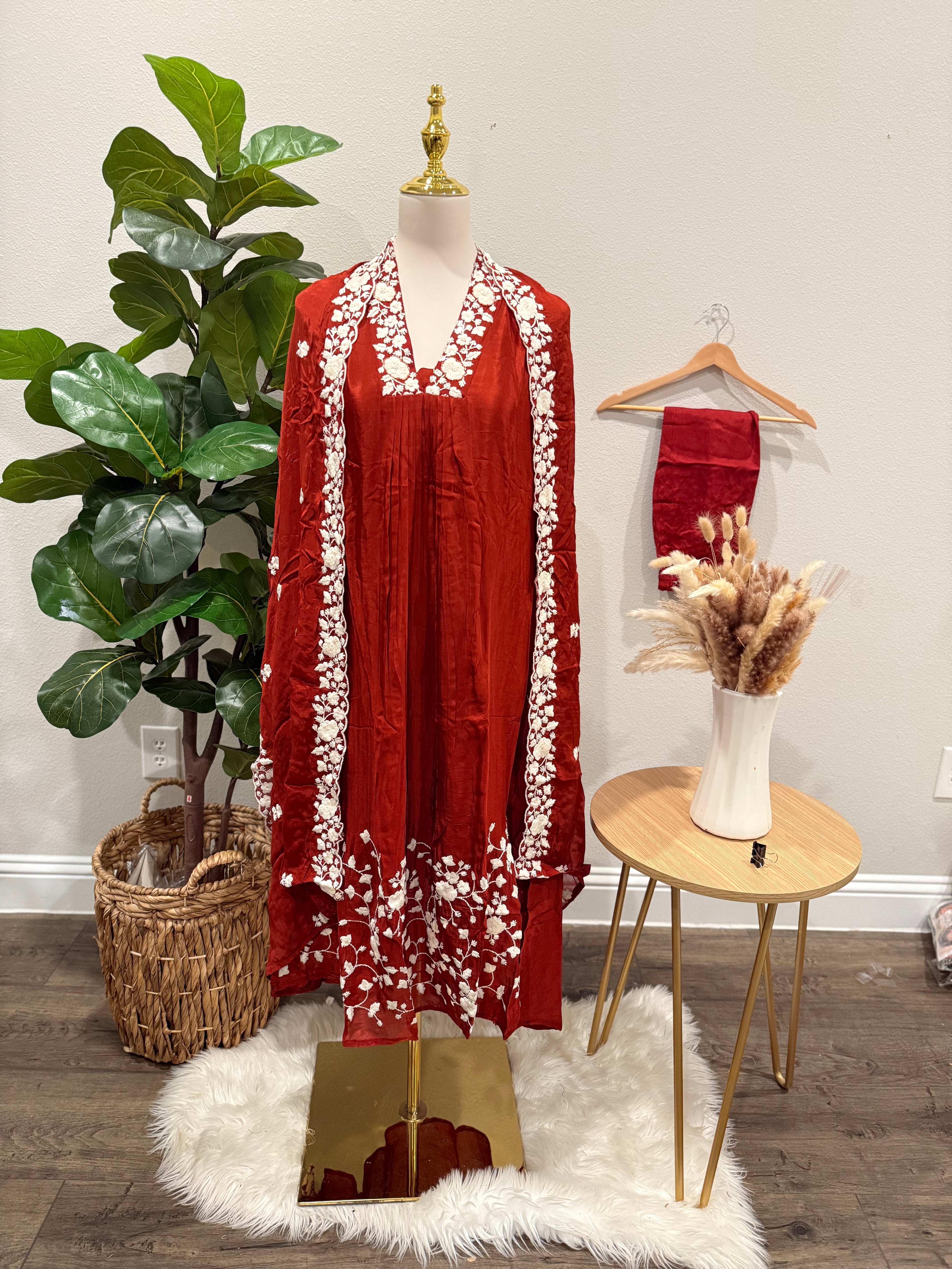 Ruby Red Chinnon Embroidered Suit Set with Floral Dupatta