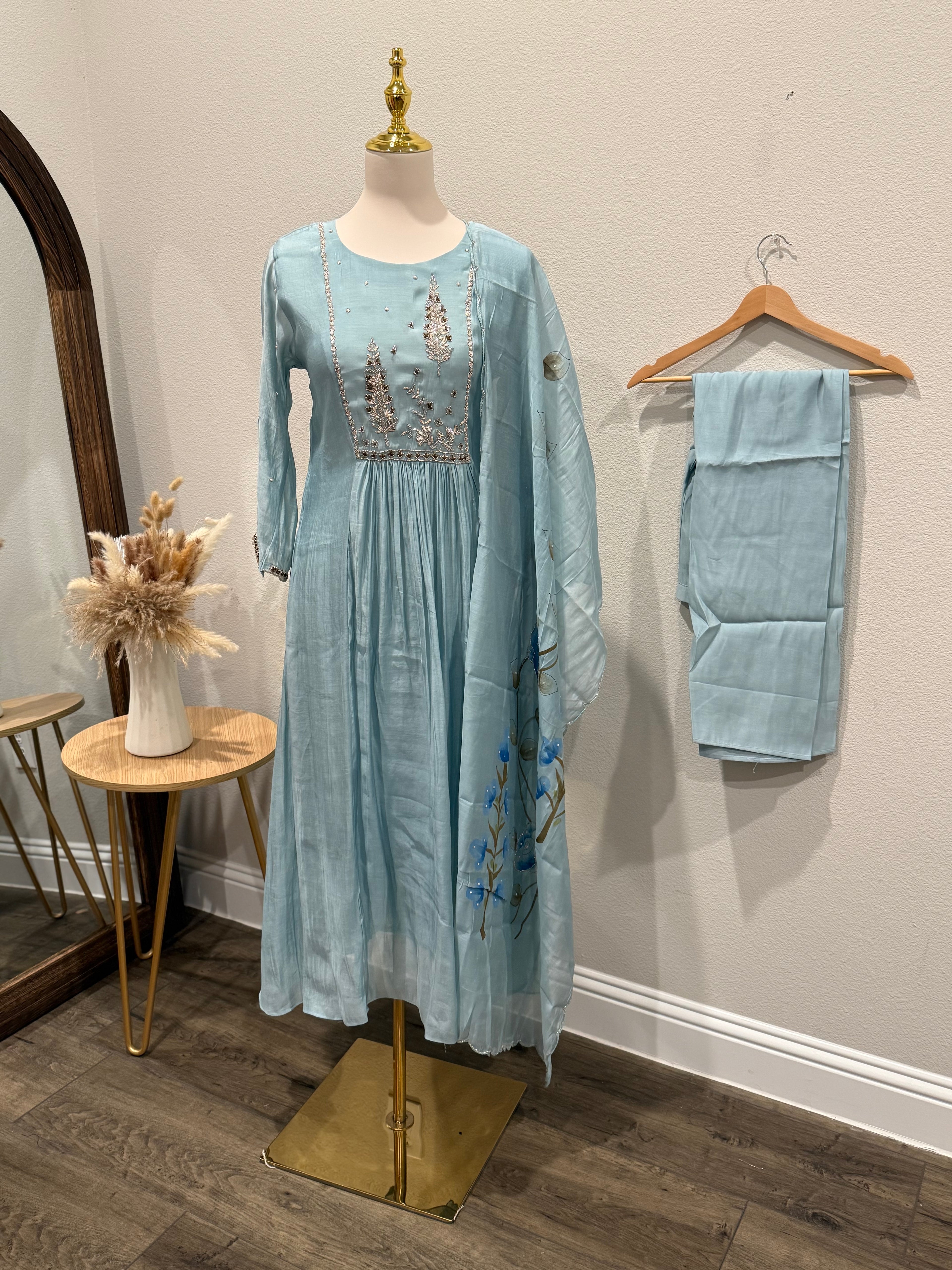 Powder Blue Mul Chanderi 3 piece suit