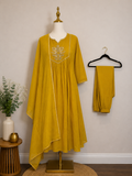 Mustard Yellow cotton embroidered 3 piece suit