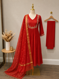 Burnt Tomato Pure Mul Chanderi 3 piece suit with elegant Duappats