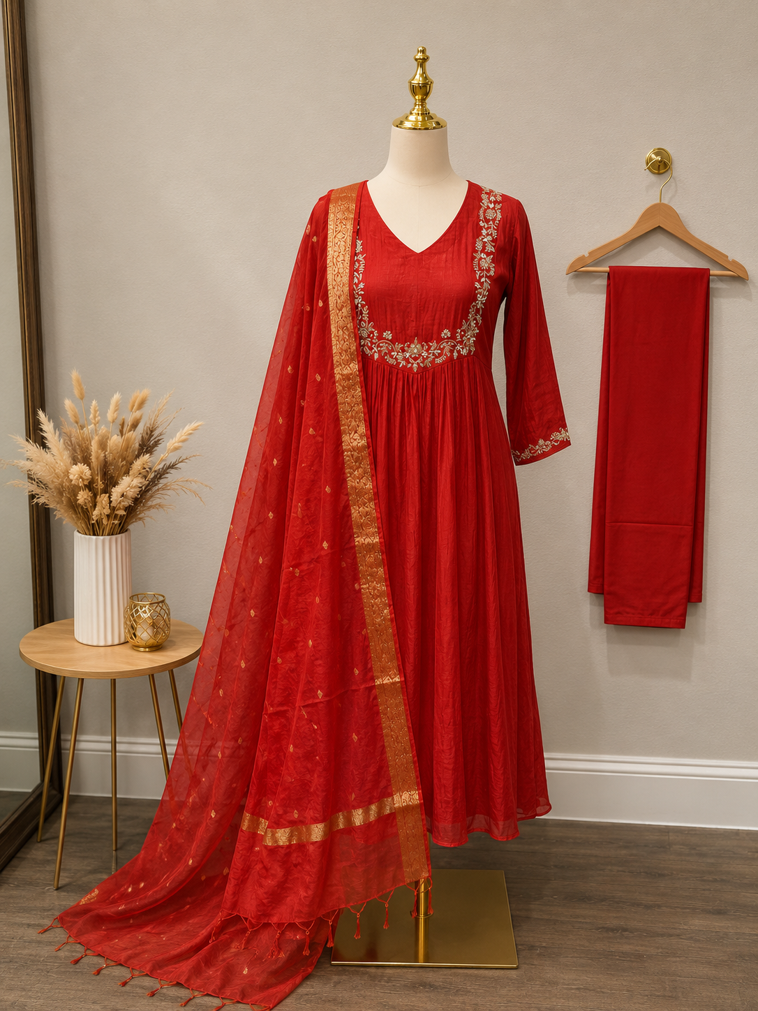 Burnt Tomato Pure Mul Chanderi 3 piece suit with elegant Duappats