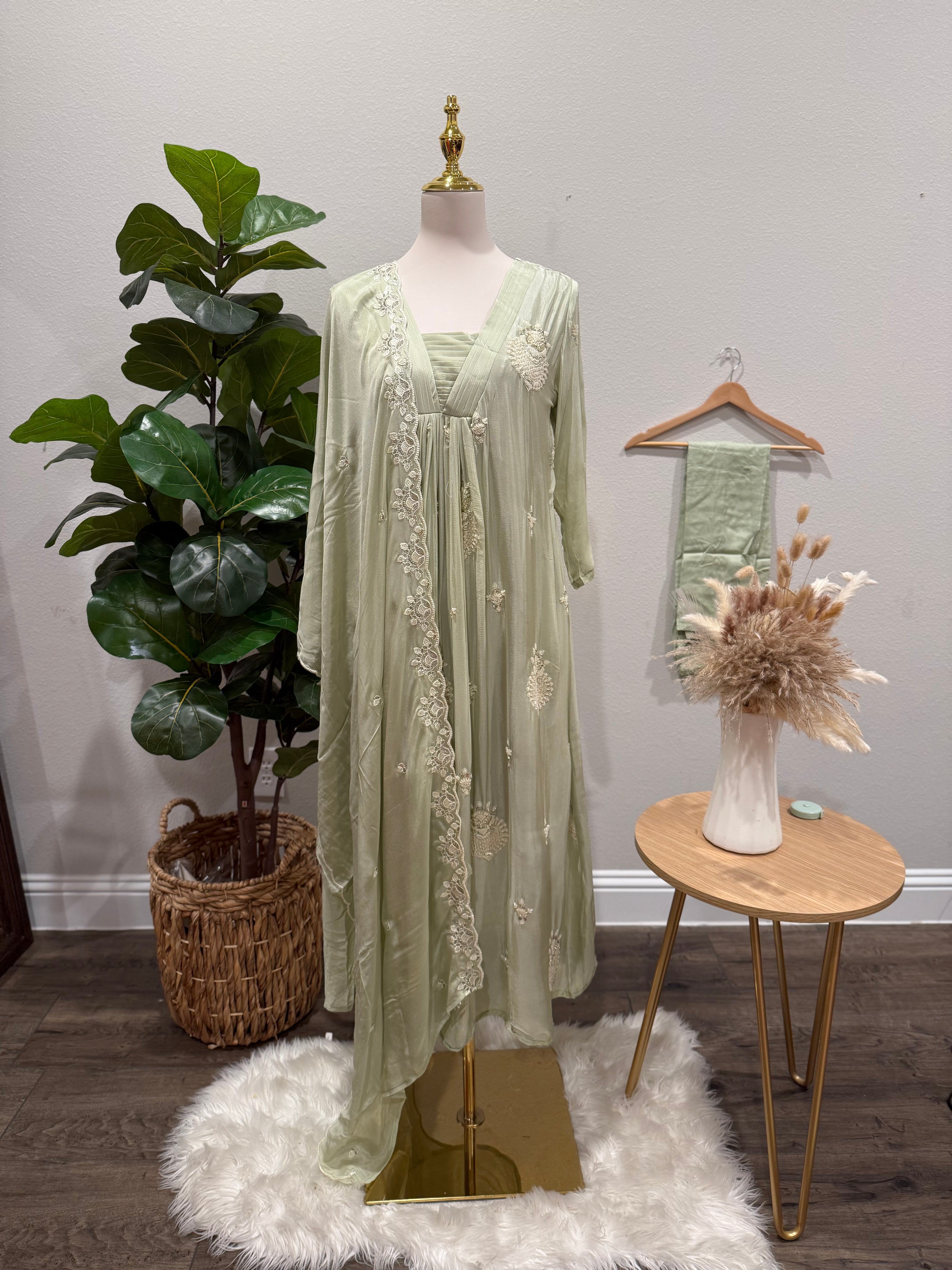 Sage Mist Chinnon Embroidered Anarkali Suit Set with Dupatta ✨